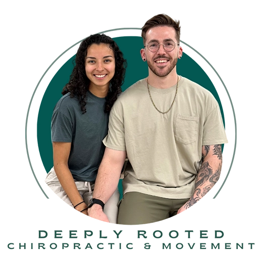 Alejandra Suarez smiling with Jake Coldren. Below them it says, Deeply Rooted Chiropractic & Movement.